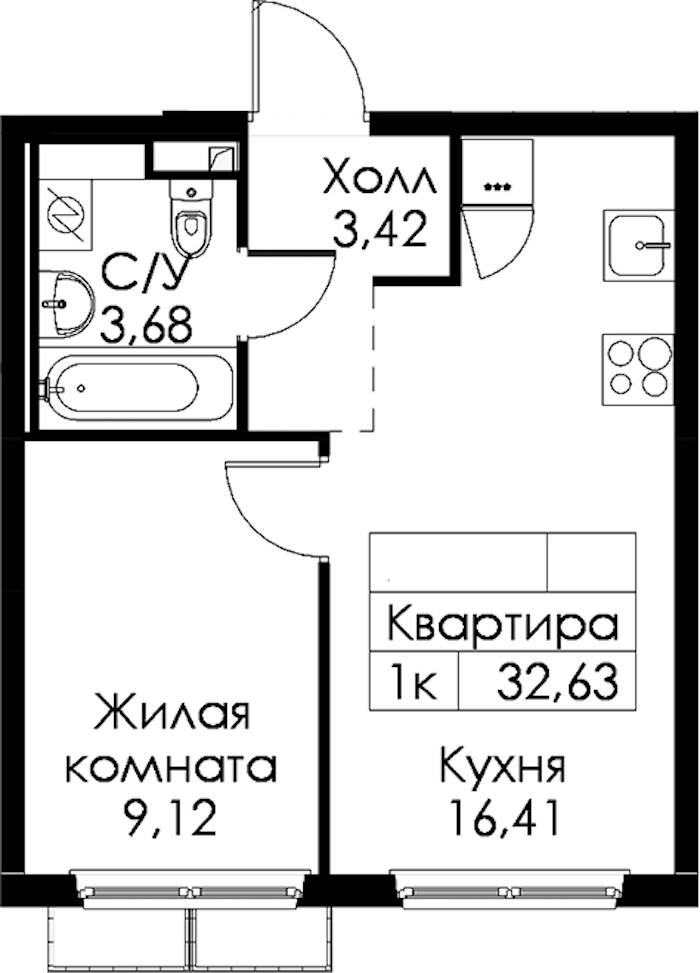 1-комнатная квартира 32.63 м², 6/15 эт., ЖК «Янинский лес»